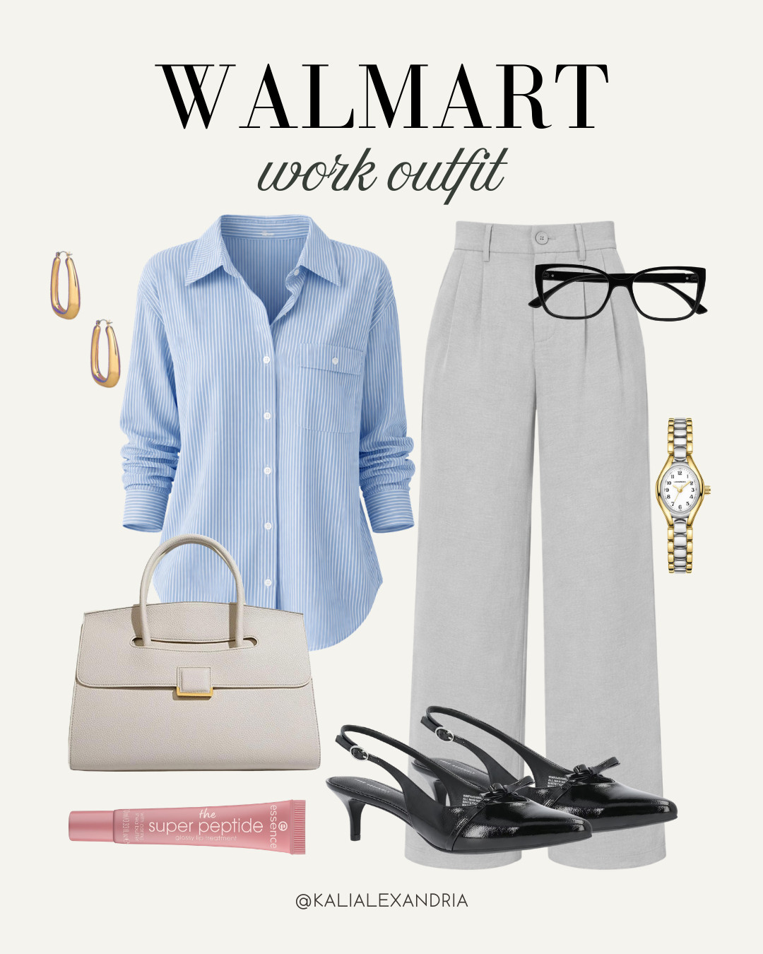 Affordable Walmart work outfit 🤍👠 Classic and polished with a striped button-down, tailored trousers, and chic accessories—perfect for the office or business casual days.

// Walmart, Walmart Finds, Walmart Fashion, Walmart Outfit, Walmart Womens, Walmart Womens Fashion, Walmart Workwear, Walmart Work Outfits, Walmart Business Casual 

 #LTKootd #LTKSeasonal #LTKWorkwear