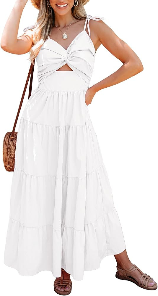 luvamia Long Flowy Dresses for Women Tiered Cut Out Midi Dress Self Tied Spaghetti Strap Summer V... | Amazon (US)