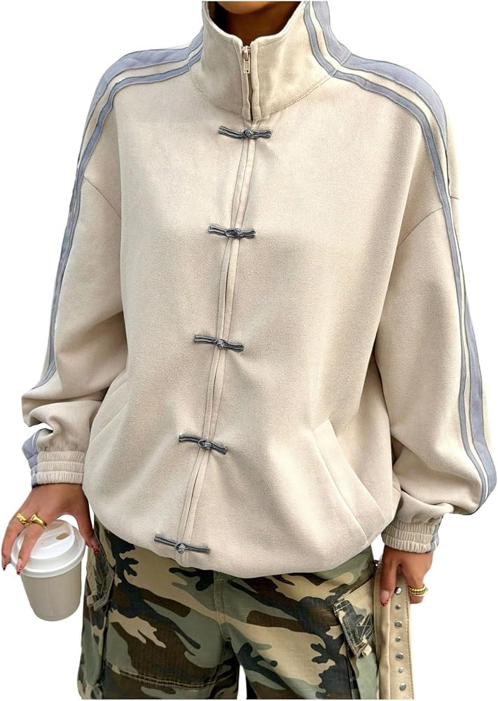 Milumia Women's Faux Suede Zip Up Jacket Striped Chinese Frog Button Coat     Oversized Outerwear... | Amazon (US)
