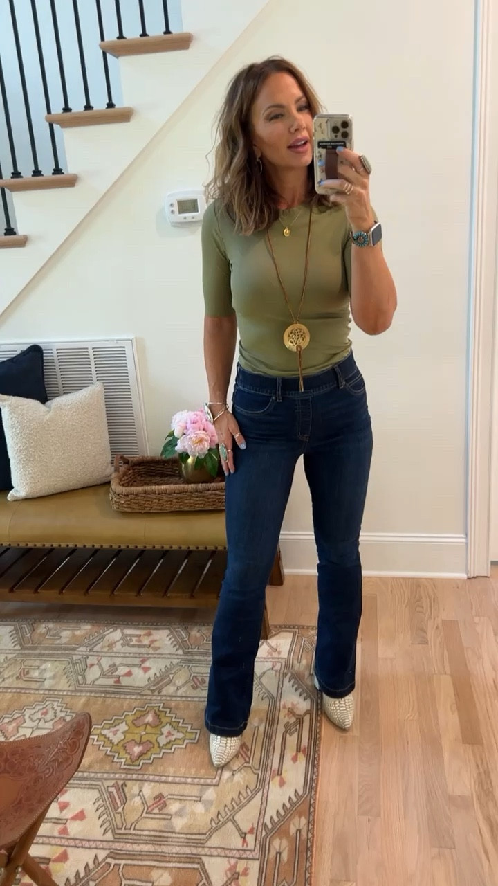 Spanx Suit Yourself Ribbed Crew Neck Short Sleeve Bodysuit, I’m in a medium, runs TTS! Paired with Flare Jeans, midnight shade, medium and regular length. Runs TTS! 
Code BETSYXSPANX works! ❤️
Long necklace from @twistedsilver (code BETSY). Watch band from @copperrobin (try code BETSY). Other jewelry from @goldielew_ linked, code BETSY works! ❤️ Boots from Freebird linked! 

#LTKGiftGuide #LTKFind #LTKstyletip