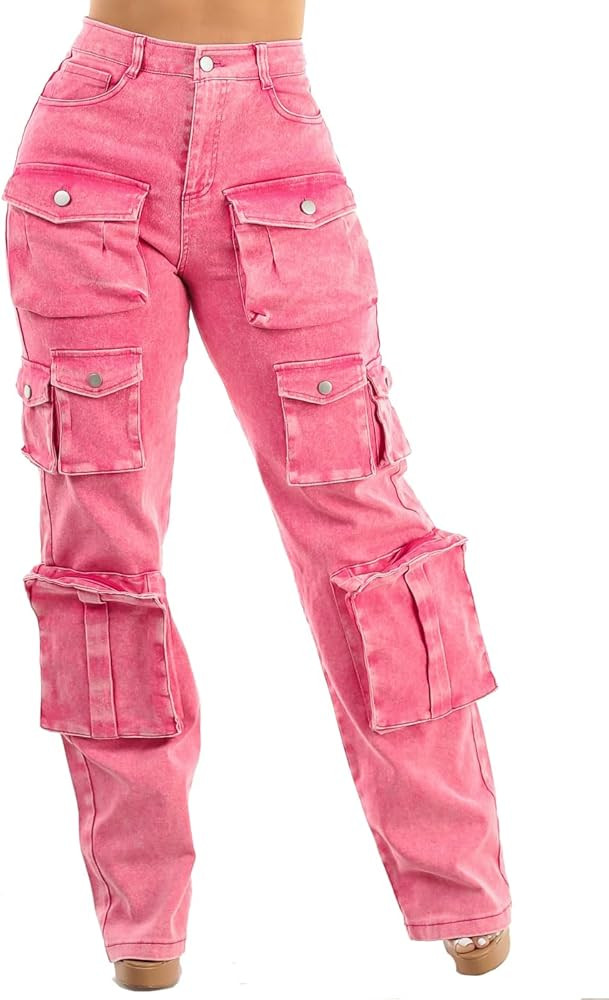 Moda Xpress Womens Juniors High Waisted Stretchy Straight Wide Leg Cargo Jeans for Women | Amazon (US)