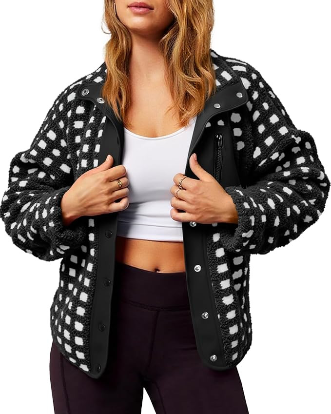 Tankaneo Womens Fleece Sherpa Jacket Fuzzy Checkered Button Down Stand Collar Jacket Winter Warm ... | Amazon (US)