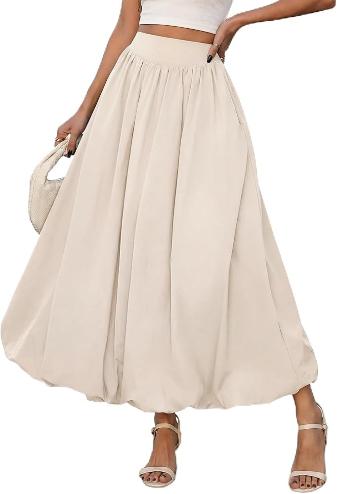 Women's Bubble Maxi Skirt Elastic Waist Puffy Hem A-line Long Skirt Pleated Flowy Balloon Long Sk... | Amazon (US)