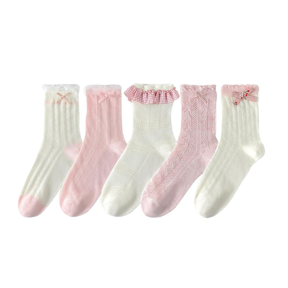 Cute Woman Socks Soft lace Breathable School Socks Fruit Ruffles Cartoon 5 pairs | Amazon (US)