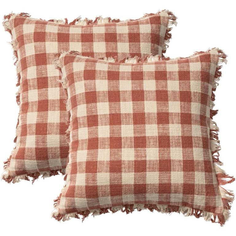 STITCH N STRING: 18x18 Boho Rust Gingham Fringe Throw Pillow Covers (Set of 2) | Walmart (US)
