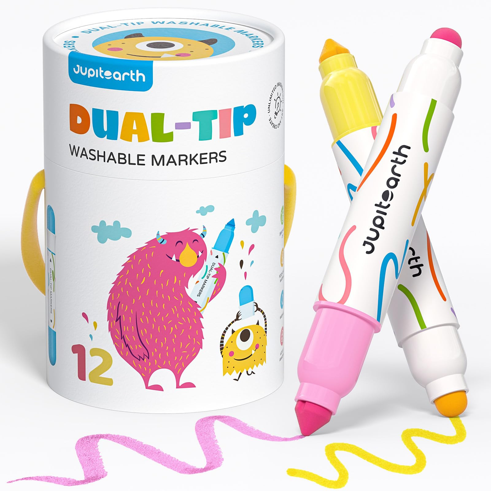 Washable Dual Tip Markers for Kids, Broad & Round Tip, Easy-Grip Design for Little Hands, 12 Vibr... | Amazon (US)