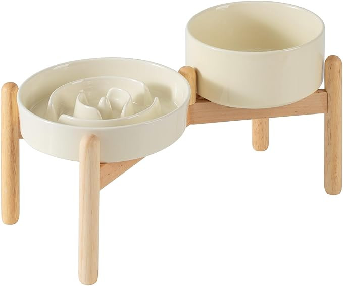 Ceramic 1.2 Cup Raised Slow Feeder Dog Bowl Set, Elevated 6.1inch Bowl and 7.3inch Puzzle Slow Fo... | Amazon (US)