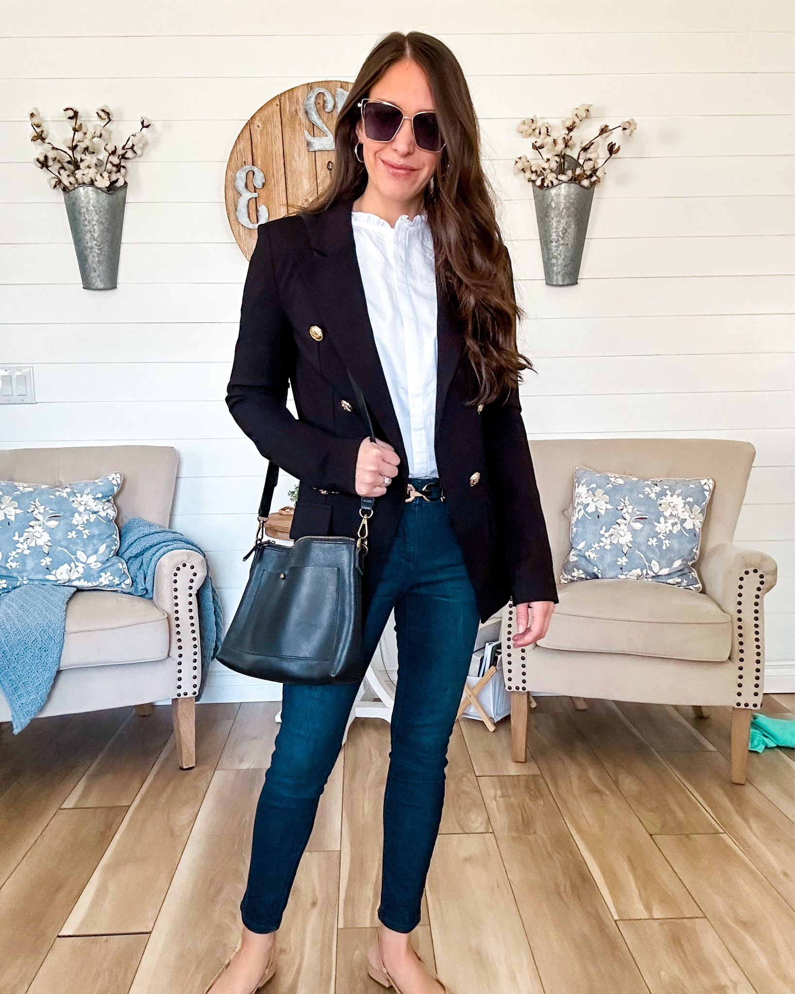 Loving this outfit from @walmart ! Check out this blazer that is 25% off! Comes in several colors. Wearing size XS. 
My ruffle button up is size XS 
And my jeans are tts short. The short option is sold out but the regular length is fully stocked! 
Shoes tts 

#LTKstyletip #LTKsalealert #LTKfindsunder50