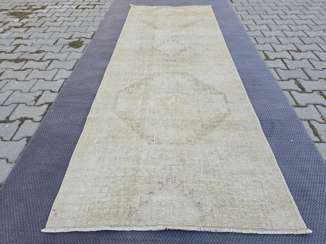 Vintage 1980s Turkish Wool Rug - Geometric Design - 3.15x8.40 Feet - Neutral Beige and Brown Tone... | Etsy (US)