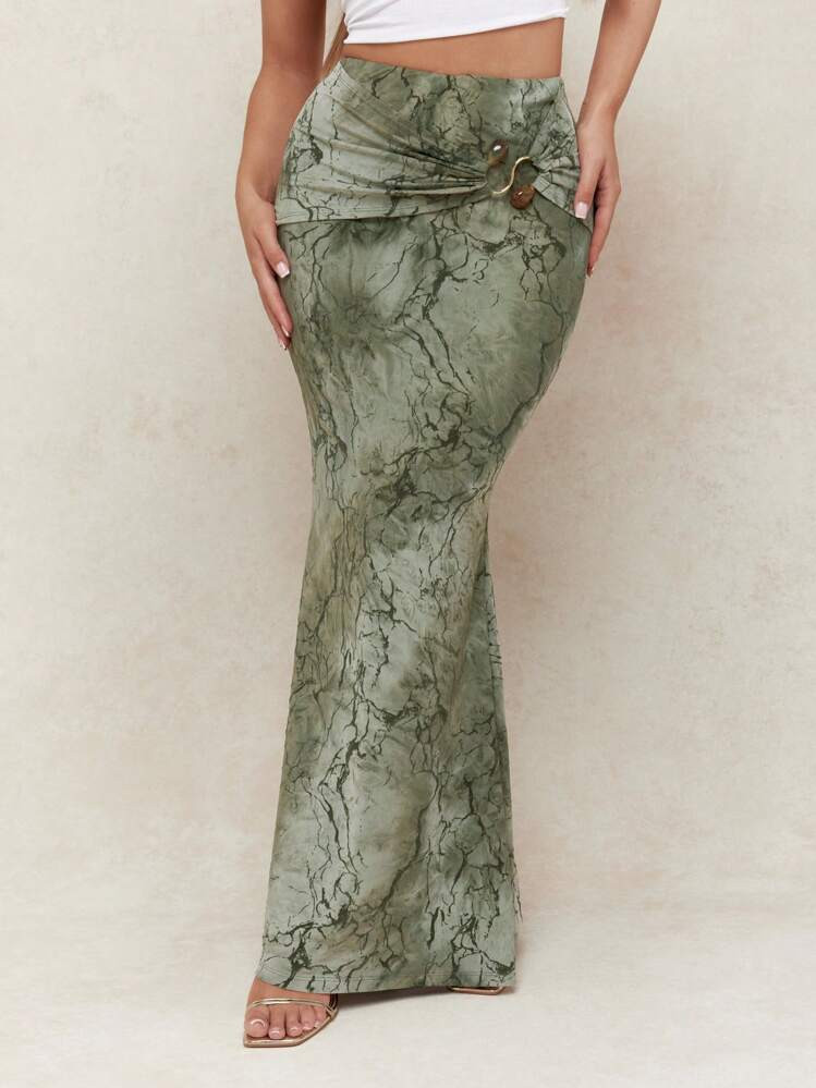 MISSGUIDED Elegant Marble Pattern St. Patrick'S Day Maxi Skirt With Decorative Ring Detail Irish-Themed Evening Party Gathered Waist Long Floor Length Special Occasion Wear Christmas | SHEIN