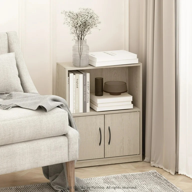 Furinno Gruen 2-Tier Open Shelf Bookcase with 2 Doors Storage Cabinet, Metropolitan Pine - Walmar... | Walmart (US)
