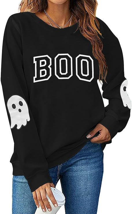 Halloween Sweatshirt for Women Boo Graphic Long Sleeve Shirt Crew Neck Ghost Fall Pullover Tops | Amazon (US)