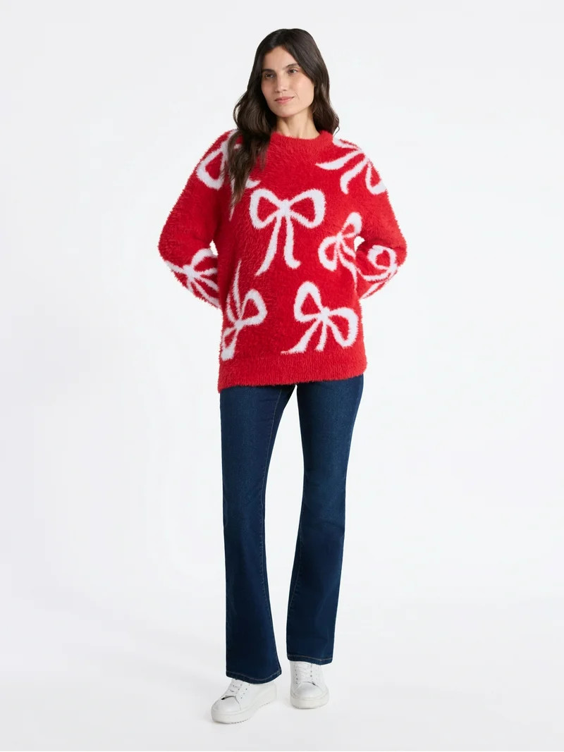 99 Jane Street Women's and Women's Plus Bow Print Pullover Sweater, Midweight, Sizes XS-4X - Walm... | Walmart (US)