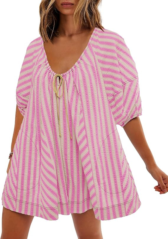 SENSERISE Womens Striped Romper Puff Sleeve Mini Shorts Romper Dress Beach Vacation Outfits with ... | Amazon (US)