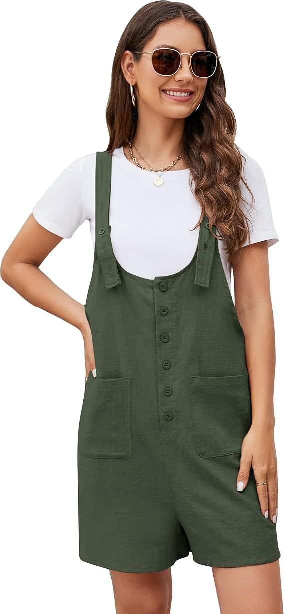 Flygo Fashion Cotton Linen Short Overalls Cute Bib Short Overall Shortalls Adjustable Strap with ... | Amazon (US)