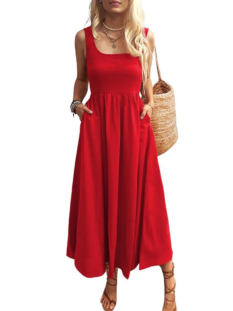 Women's Maxi Dress Summer Sleeveless Swing Sundress Casual Loose Tank Long Dresses with Pockets | Amazon (US)
