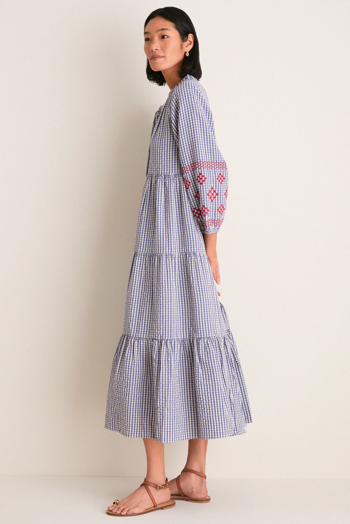 Navy Prism Embroidered Gingham Long Sleeve Salty Paloma Caftan | Tuckernuck (US)