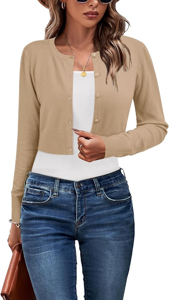 Newshows Cropped Cardigan Sweaters for Women 2024 Crew Neck Button Down Open Front Knit Bolero Sh... | Amazon (US)
