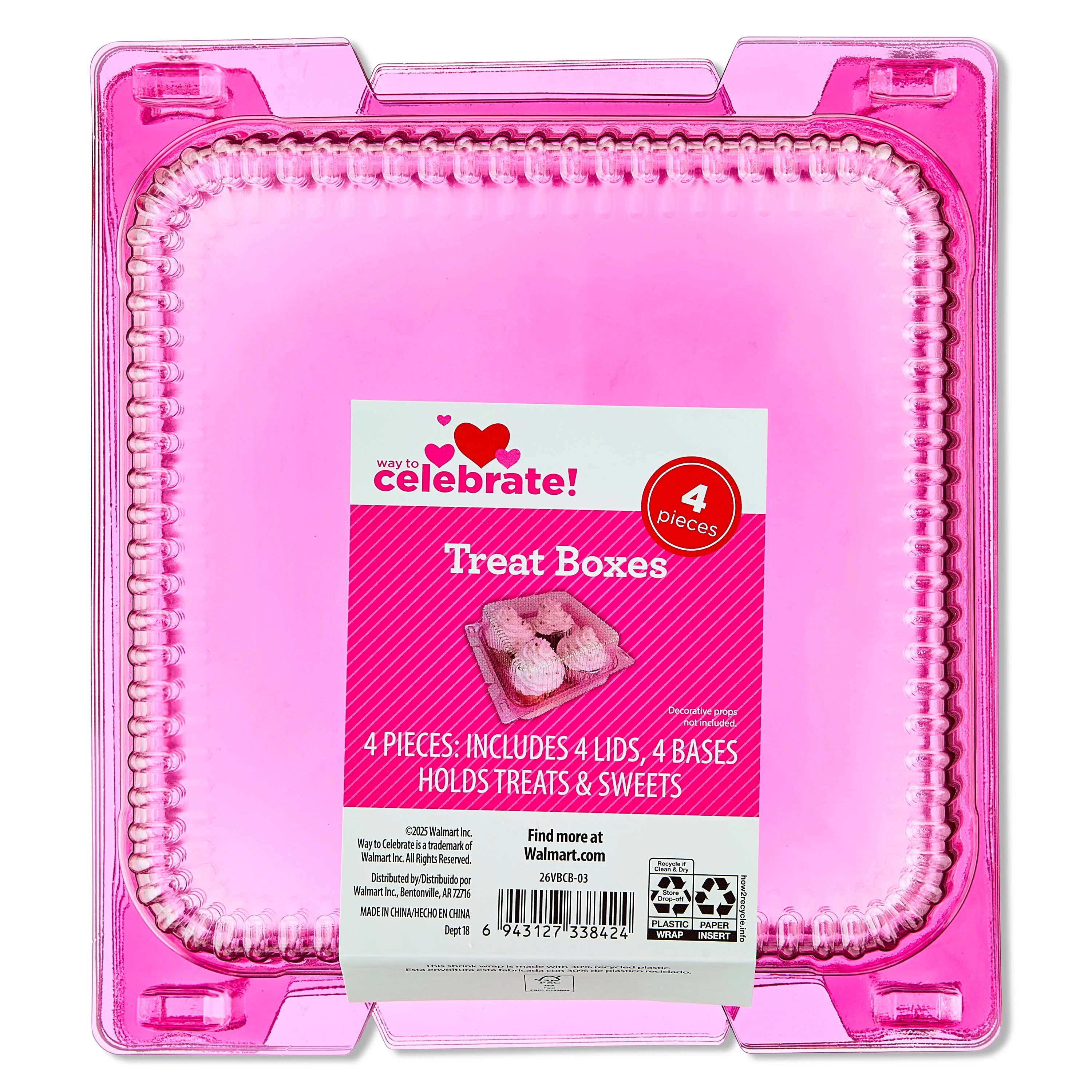 Clear Plastic Treat Boxes, Pink, 4 Count, Valentine's Day by Way To Celebrate | Walmart (US)