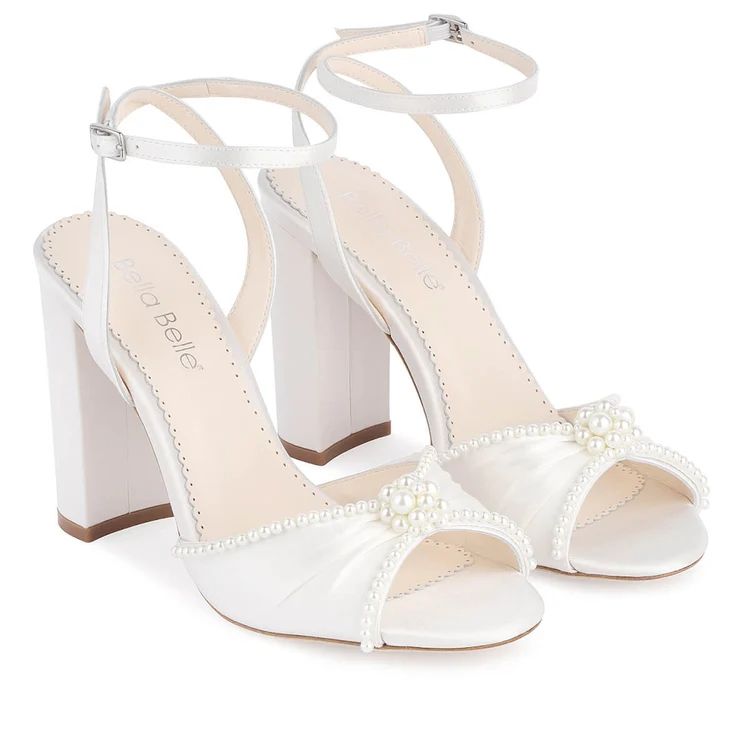 Open Toe Pearl Wedding Shoes Block Heel Sandals | Bella Belle Shoes