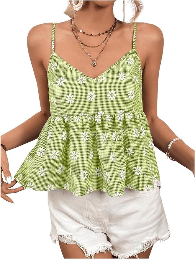 SweatyRocks Women's Floral Print Sleeveless Peplum Cami Top Spaghetti Strap Ruffle Hem Tank Top | Amazon (US)