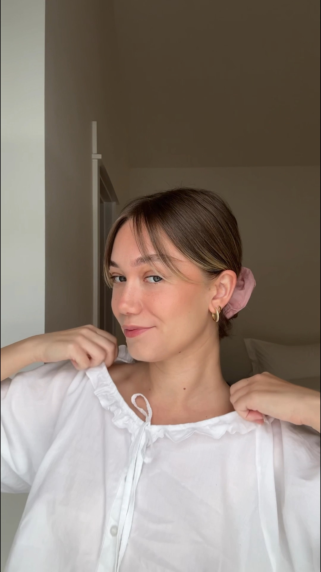 new bangs ✨ very into flowy tops and oversized scrunchies right now! 