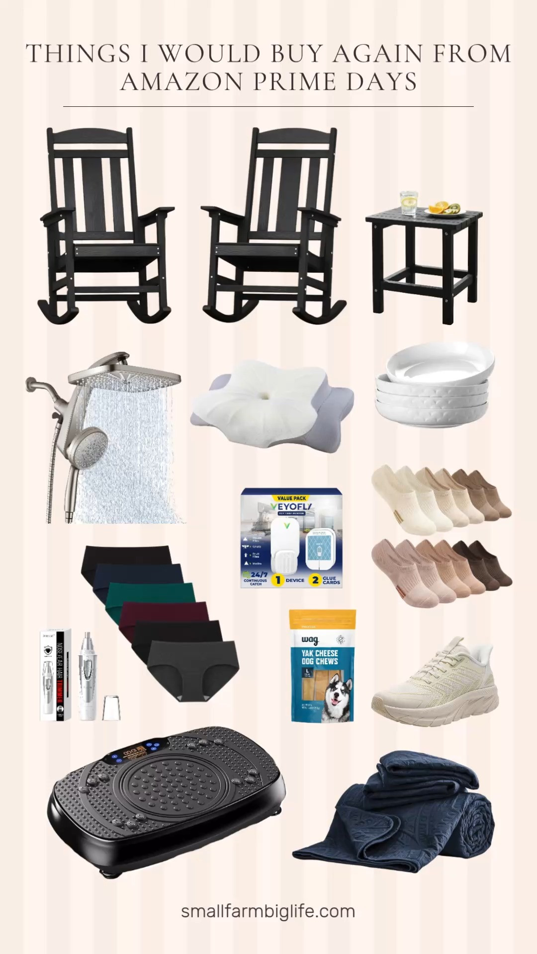 These are all things I already own and would buy again in a heartbeat and they are all on sale right now for Prime Day!
The vibration plate is one of my favorite purchases I have made in a long time. I use it for ten minutes every single day and my joints feel so much less sore. It leaves me feeling relaxed and I cannot recommend it enough.
The rain shower head with handheld is the perfect combination of a true rain shower experience with the option to switch to the handheld. I love it every single time I use it.
The navy quilt bedding set is lightweight and perfect for summer and the DOWAN pasta bowls are actually what we use as everyday plates at our house. I love the sides, the size, and they are just pretty on the table.
The Toes Home no show socks are my absolute favorite socks and I have multiple pairs. The ALLSWIFIT slip on walking shoes are the shoes I reach for around the house every single day and the INNERSY cotton hipster underwear are the most comfortable everyday underwear I have found.
The black poly rocker chairs and square side tables are what we have on our patio and they are so comfortable and hold up beautifully outside. The cervical memory foam pillow is my husband's absolute favorite pillow and the fruit fly traps are the best solution I have found for keeping bugs out in the summer. And our dogs are obsessed with the Himalayan cheese chews!
Tap to shop everything while the Prime Day prices are still live! 

 #LTKOver40 #LTKHome #LTKSaleAlert