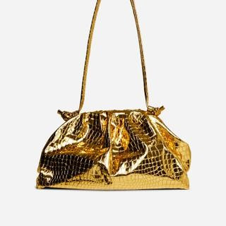 Manga Gathered Purse Cross Body Bag In Gold Metallic Croc Print Faux Leather | EGO Shoes (US & Canada)