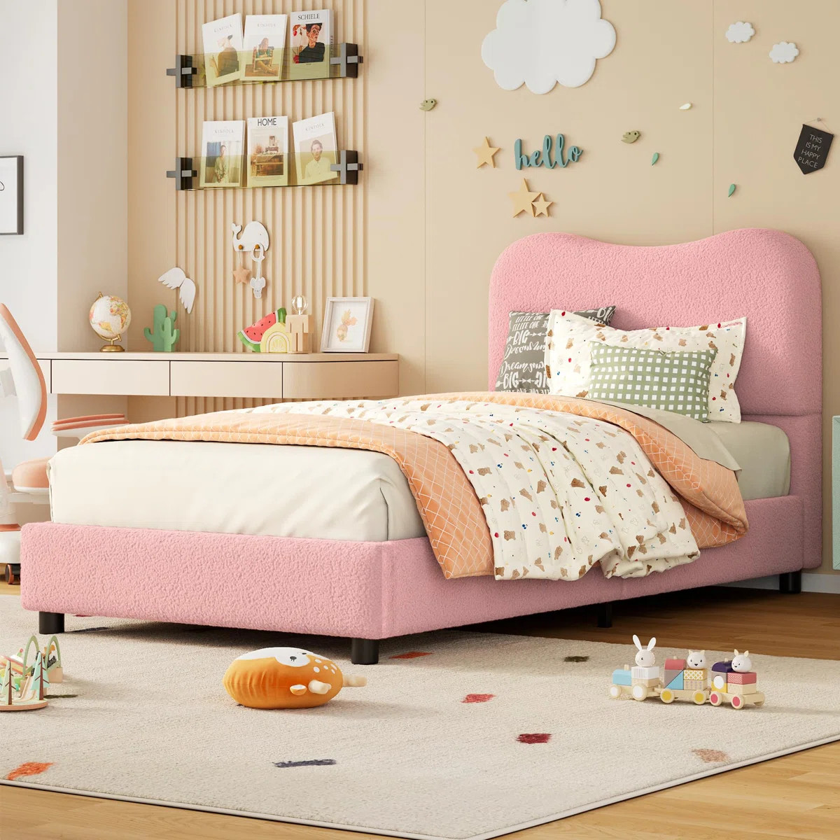 Twin Kids Bed Frame with Upholstered Boucle Headboard, Soft Low Profile Platform for Girls & Boys | Wayfair North America