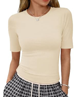 YUCOLEN Womens Tops Dressy Casual Crew Neck Short Sleeve T Shirts Elbow Length Going Out Tops | Amazon (US)