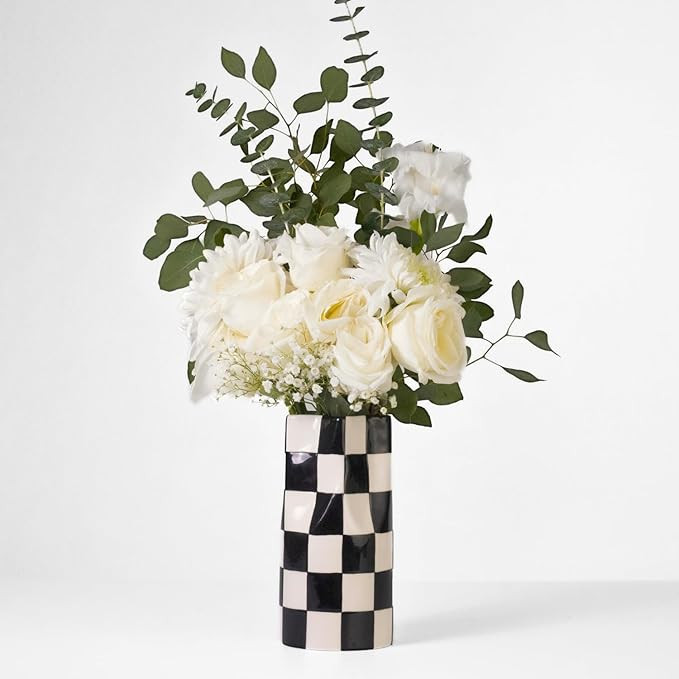 Small Checkered Vase, Modern Home Decor, Decorative Ceramic Flower Vase, Aesthetic Black & White ... | Amazon (US)