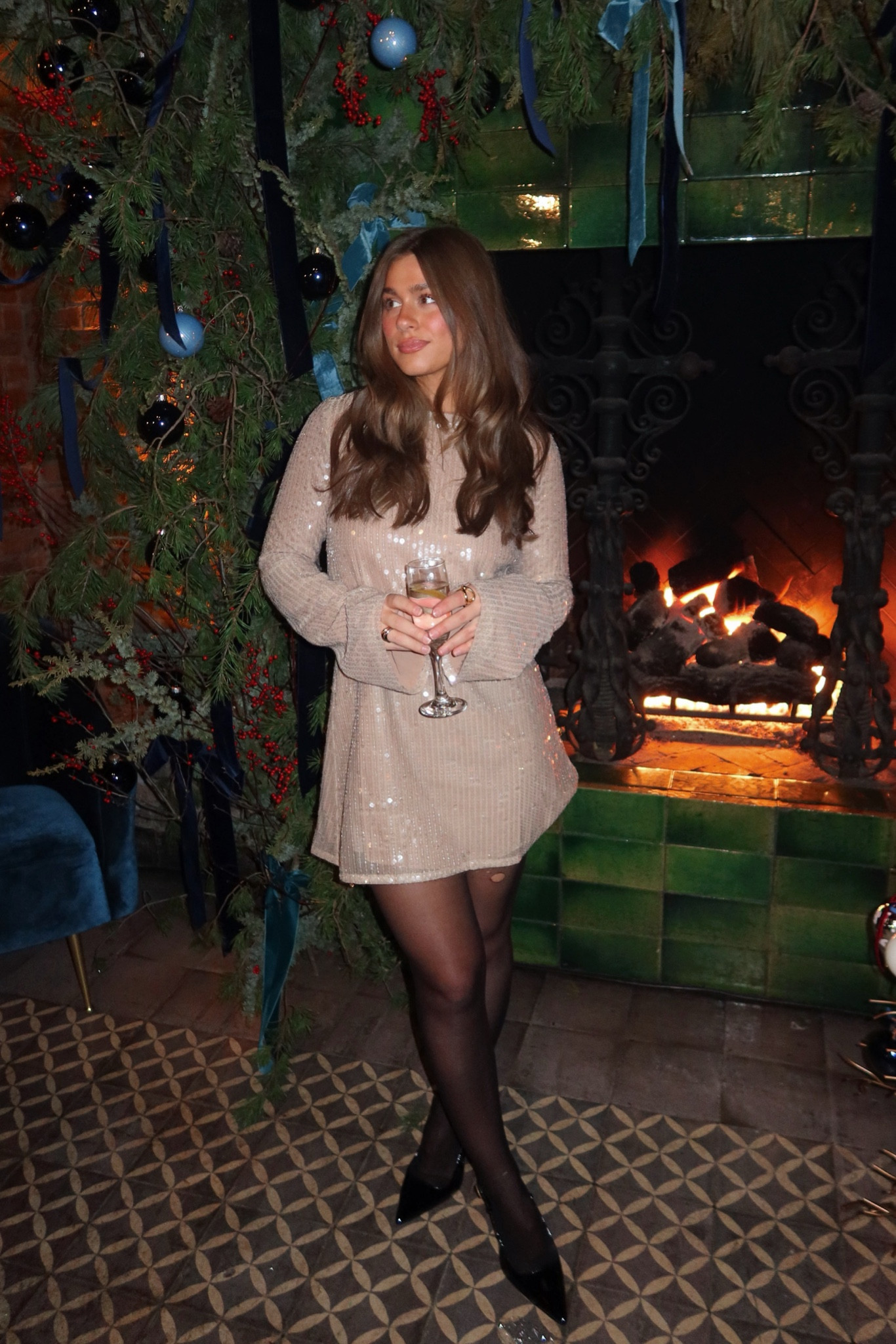 Wearing XS in dress (cheapest on Nordstrom!!) Shoes are so comfy highly recommend! Exact jewelry linked (along with other pieces I own!). Tights are cheap amazon and ripped (clearly lollll)

#LTKHoliday #LTKStyleTip #LTKSeasonal