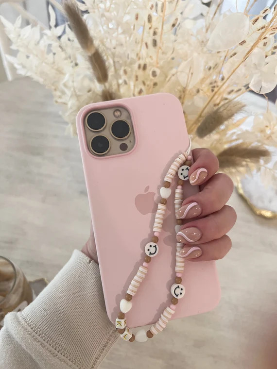 Neutral Phone Charm | Happy Face | Trendy | Pink Nude White Beaded Phone Charm | Etsy (US)