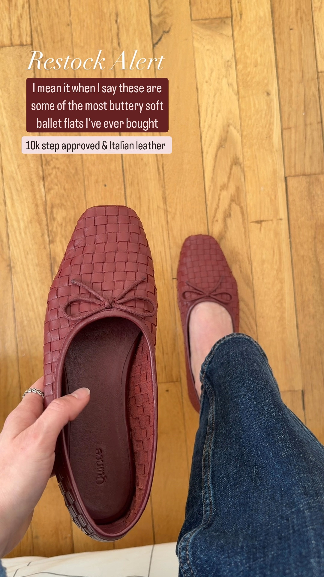 Italian leather ballet flats for UNDER $80
Buttery soft with extra cushion around foot 
Size up 1/2 size for walking comfort
Quince free shipping and 365 day return 



#LTKShoeCrush #LTKFindsUnder100 #LTKStyleTip