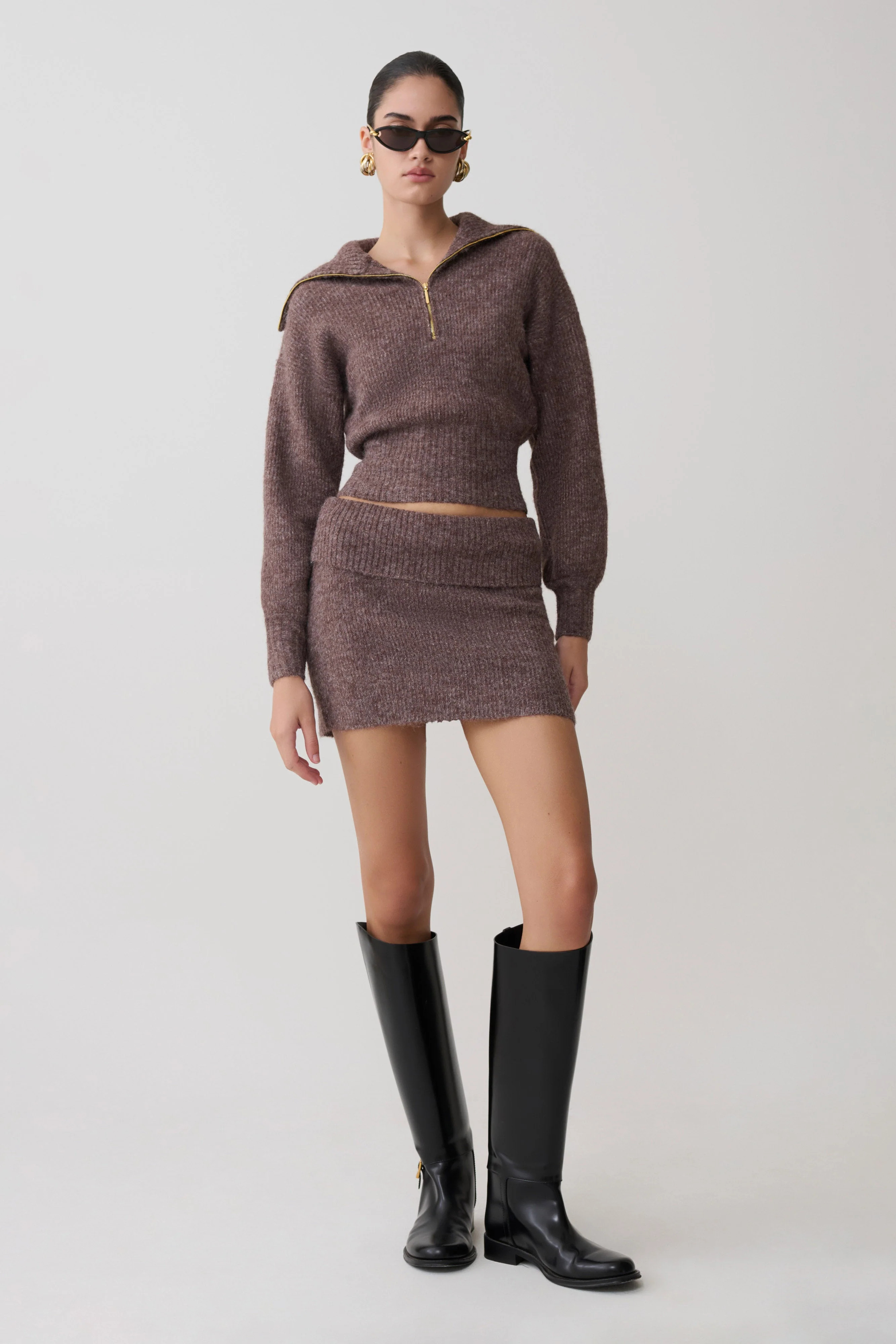 Knit Mini Skirt - Brown Marle | MESHKI US