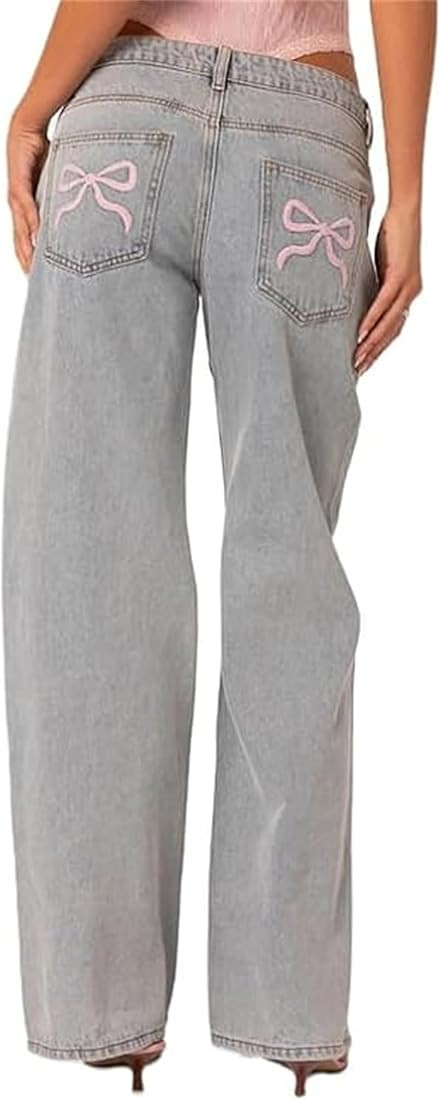 Women Indie Aesthetics Jeans Y2k Bow Trim Zipper Denim Pants Vintage Casual Baggy Jeans Streetwea... | Amazon (US)