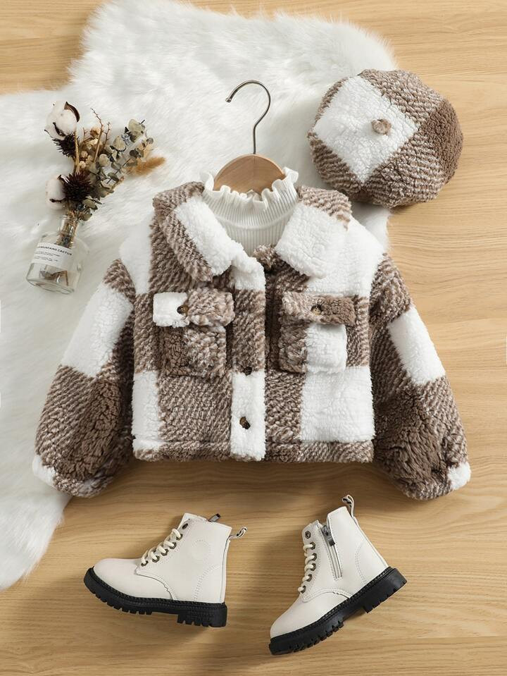 Toddler Girls Buffalo Plaid Print Flap Pocket Teddy Jacket | SHEIN