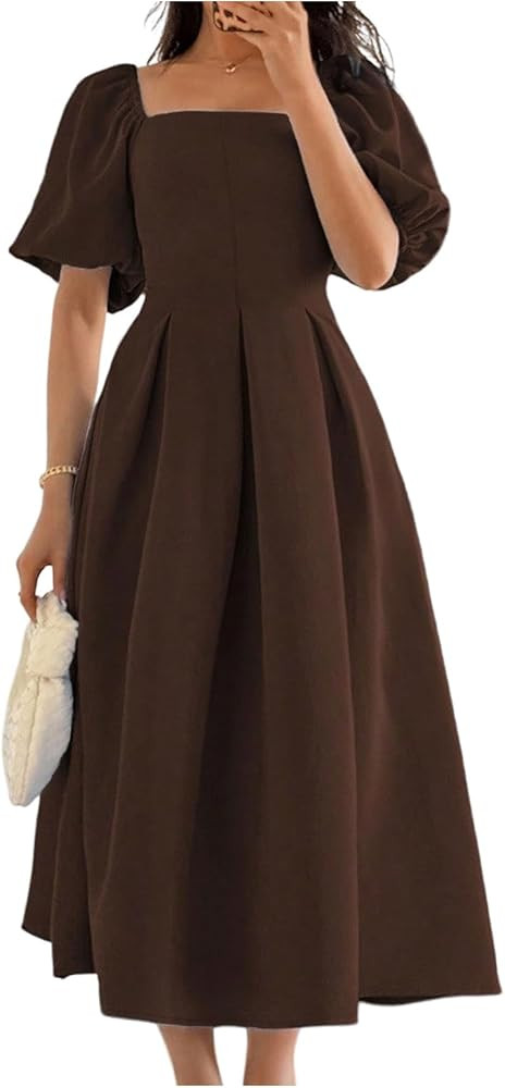 SweatyRocks Women's Puff Sleeve Square Neck Pleated A Line Long Dress Elegant Flowy Midi Dresses | Amazon (US)