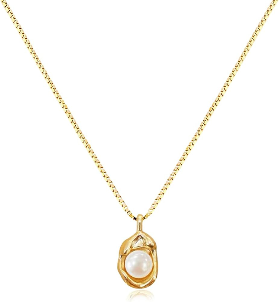 Pearl Necklace 14K Gold Plated Pendant with 6mm Freshwater Pearl Necklaces Gift for Women (055) | Amazon (US)