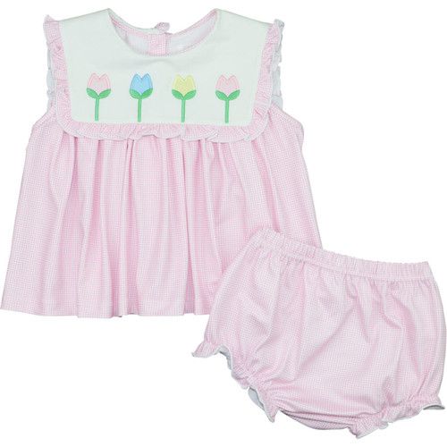 Pink Gingham Knit Applique Tulip Diaper Set | Cecil and Lou