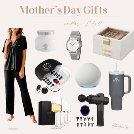 These Mother’s Day gift ideas are all under $50 and include a short sleeve pajama set, Capri Blue candle, silver watch, a jewelry box, foot spa, Amazon Echo, Stanley Cup, a set of wine glasses, and a massager.

Mother’s Day gifts, gift ideas, gift guide, gifts for mom, gifts under $50

#LTKGiftGuide #LTKstyletip #LTKfindsunder50