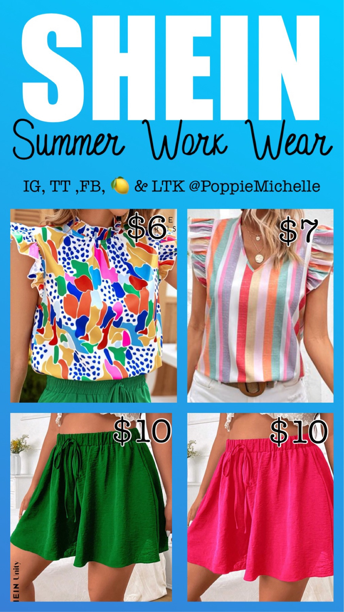 SHEIN Work Wear #sheinstyle #sheinfashion #sheinoutfit #sheinsummeroutfit 
Flutter sleeve print top wide leg shorts 
Green wide leg shorts 
Pink wide leg shorts 
Shorts that look like a skirt
PoppieMichelle 

#LTKsalealert #LTKunder50 #LTKworkwear
