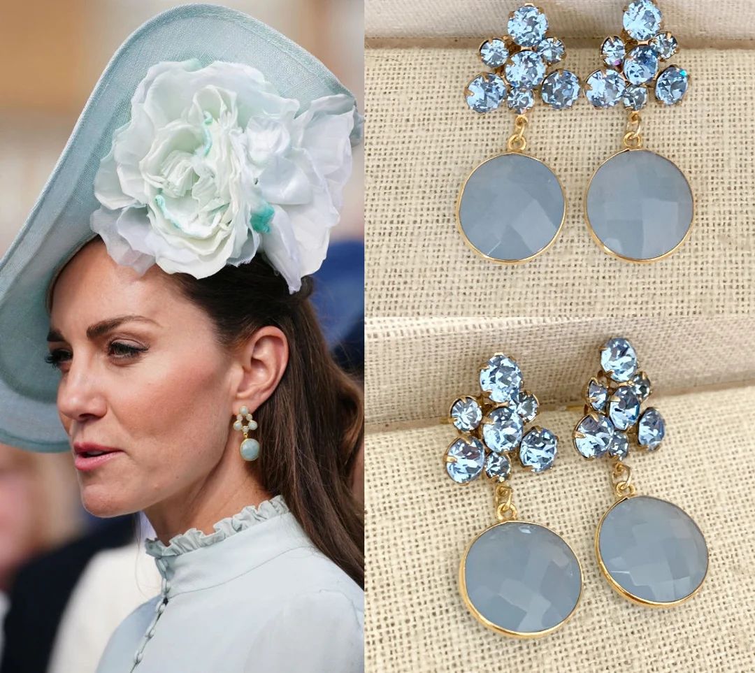 PREORDER Kate Middleton Duchess Cambridge Genuine Blue Chalcedony Gold Plated Circle Drop Earring... | Etsy (US)