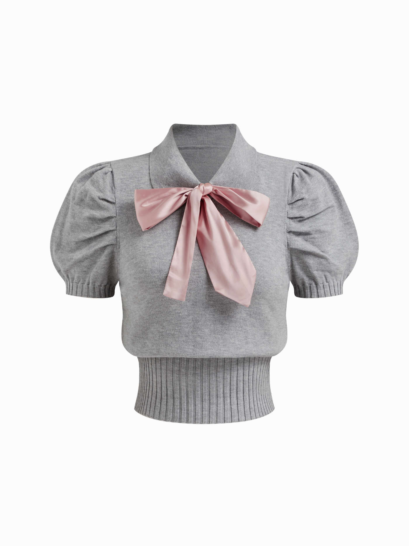 Knit Fabric Knit Collar Puff Short Sleeve Bowknot Cinched Waist Top For Daily Casual | Cider