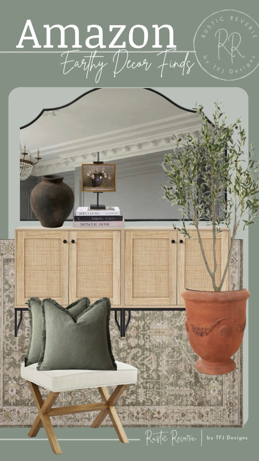 Gorgeous and affordable pieces from Amazon to create a space with an earthy vibe. 🏠 boho neutral muted tones calm cozy entryway living room bedroom curated collected home decor amazon creator favorites prime shipping cabinet console wall mirror olive tree pottery planter magnolia loloi rug vase 

#LTKSaleAlert #LTKHome