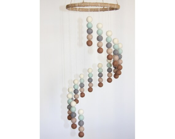 Ice Blue, Tan, Brown, Grey & White Spiral Felt Wool Ball Pom Pom Cot Mobile - Nursery Decor - Bab... | Etsy (US)