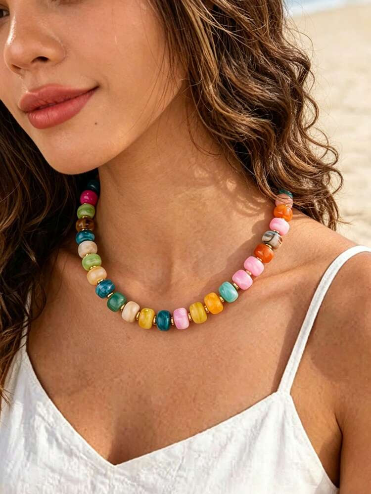 1/7pcs Resin Chunky Beaded Necklace For Women, Handmade Y2K Gradient Acrylic Bead Necklace, Bohem... | SHEIN