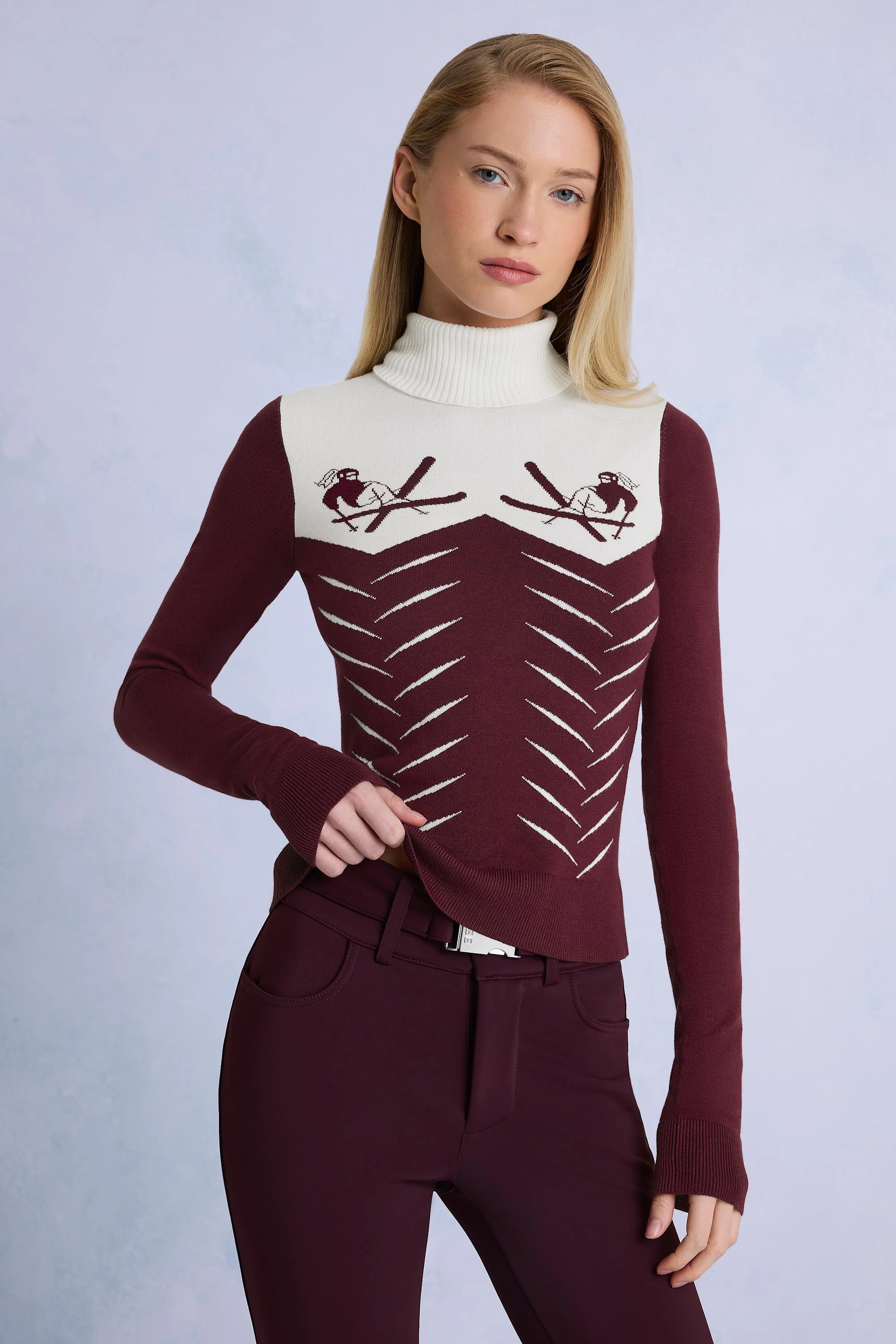 Knit Long-Sleeve Fitted Top in Burgundy | Bo+Tee