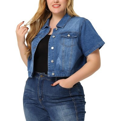 Agnes Orinda Women's Plus Size Short Sleeve Button-Down Cropped Denim Jean Jackets Denim Blue 4X | Target