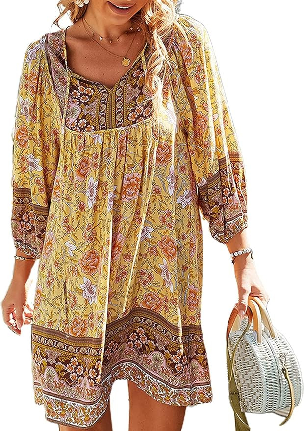 Women Casual Fall Boho Dresses V Neck 3/4 Long Sleeve Floral Flowy Loose Tunic Mini Short Beach D... | Amazon (US)